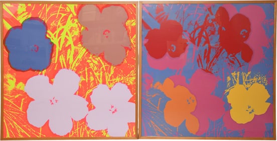 2 Andy Warhol flower prints, overall frame size 37 x 37 inches.
