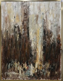 Elmo Gideon (American 1924 - 2010) Abstract Figures Gathering,  oil in canvas 48 x 36 inches.