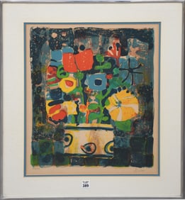 Paul Augustin Aizpiri (1919 - 2016) color lithograph, abstract Vase of Flowers,  site size 20 x