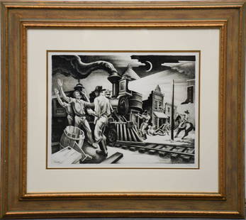 Thomas Hart Benton "JESSE JAMES", Print signed in the plate. approx. image 14 x 19inches, overall: Thomas Hart Benton "JESSE JAMES", Print signed in the plate. approx. image 14 x 19inches, overall framed size 28 x 32 inches.