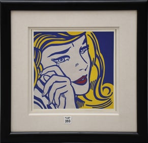 Roy Lichtenstein, offset lithograph, crying girl, 12 x 11-3/4. overall frame size 20 1/2 x 20 1/2