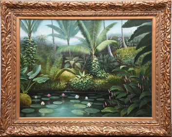 20th Century Cuban School, Large Tropical Landscape painting, oil on canvas 30 x 40 inches