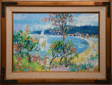 20 Century French School, oil on canvas, signed Vashon, Inlet Harbor 24 x 36 inches. overall with