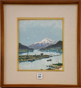 Japanese watercolor Landscape Mountain Lake , site 17 1/2 x 16 1/2 inches. image size 10 x 9 inches