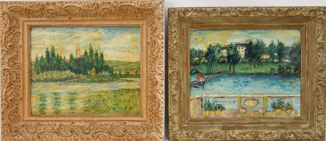 Pair primitive painting sign monogramed- CBea. Paintings 11 x 14 inches each overall frame size 16 x
