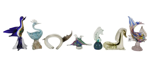 7 Murano Assorted Fowl & Wildlife Colored Glass Pieces, 10 1/2"h largest, 5"h smallest