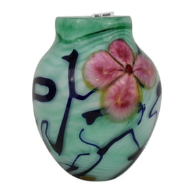 Robert Held Art Glass Vase, White Cased Glass Pink & Cobalt on Aqua Ground, 7 1/2"h x 6"w