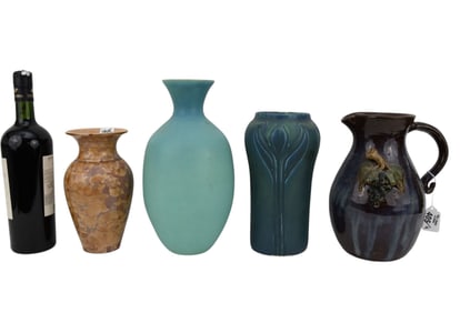 4 Assorted Vintage Pottery Pieces, Van Briggle Original Robins Egg Blue Vase (11 1/2"h x 7"w),