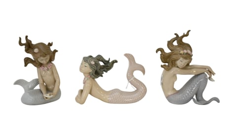 3 LLadro Porcelain Mirage Mermaid Figurines, Tallest 7"h, Widest 7"w (one mermaid has repair on