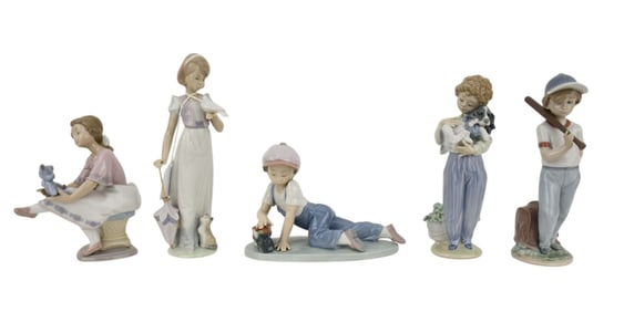 5 LLadro Porcelain Figurines, Boy With Train, Child with Dog, Girl with Teddy Bear, Boy with Bat and