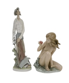 2 LLadro Porcelain Figurines, Don Quixote (12"h x 5"w) AND Eve Holding An Apple (8"h x 6"w
