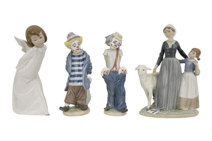 4 LLadro Porcelain Figurines, 2 Clowns, Angel AND Mother & Child with a Sheep, 10"h x 7"w)