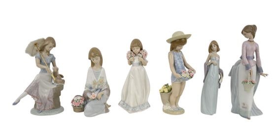 6 Lladro Porcelain Figurines, Girls with Flowers, 11"H tallest, 7"widest