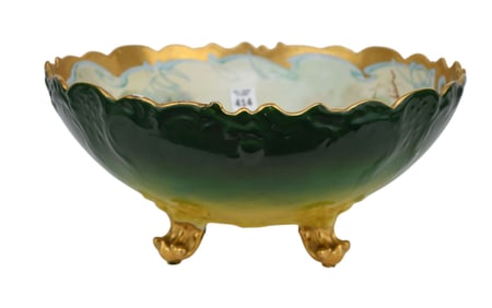 Large Footed Porcelain Punch Bowl, T & V Limoges France, Grapevine Motif Interior, 6 1/2"h x 14"dia