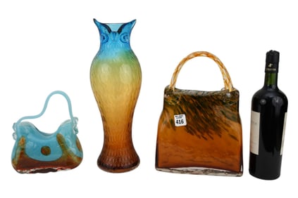 3 Murano Art Glass Pieces, Blue Purse (9"h x 7"w x 3"d), Brown Purse (12"h x 9"w x 3"d) AND
