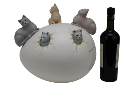 Large Sergio Bustamante Sculpture, Cats Hatching From Egg, Signed, 13"h x 15"w x 10"d (chip on