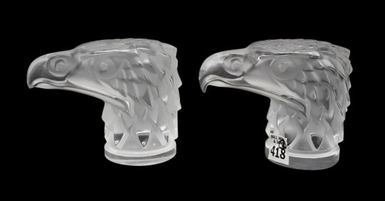 Pair Lalique Crystal Eagle Heads, "Tete d'Aigle", 4 1/2"h x 6"w (one beak has chip)