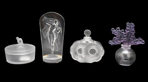 4 Lalique Crystal Vanity Pieces, Box, 2 Perfumes and One Paperweight , 5 1/2"h tallest, 5" widest (2