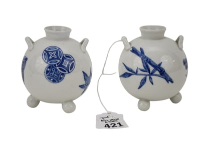 Royal Worcester Miniature Footed Vases, Blue on White Ground, 4"H x 3"w