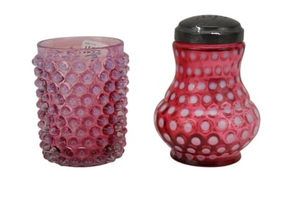 2 Victorian Cranberry Tableware's, One Hobnail, One Dot Style (5"h)