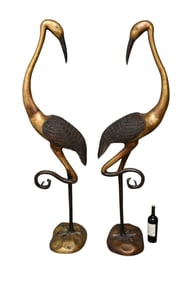 Pair Brass & Metal Crane Bird Garden Sculptures, 64" x 18"dia Base