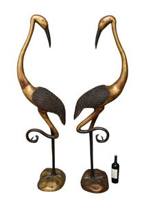 Pair Brass & Metal Crane Bird Garden Sculptures, 64" x 18"dia Base: Pair Brass & Metal Crane Bird Garden Sculptures, 64" x 18"dia Base
