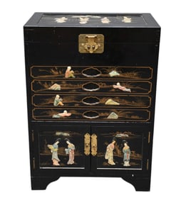 Black Chinese Silver Chest, Applied Figures Surrounding, Lift Top, Drawers & Cabinet Doors, 30"h x