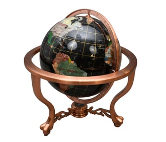 Semi-Precious Stone Inlaid Table Top Globe - with copper-tone finish stand. 20" h x 20" w