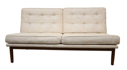 Mid Century Settee, Ivory Upholstery, original soiled and worn (Needs reupholstering) 30" h x 58" w