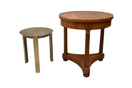 2 Occasional Side Tables (1) Regency Style (edges have wood missing) 26"h x 25"d) AND Silvered 3