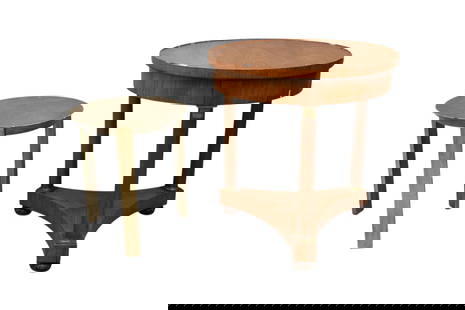2 Occasional Side Tables (1) Regency Style (edges have wood missing) 26"h x 25"d) AND Silvered 3: 2 Occasional Side Tables (1) Regency Style (edges have wood missing) 26"h x 25"d) AND Silvered 3 Legged Small Table, 18 1/2"h x 16"d