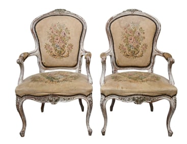 Pair Painted Worn French Provincial Armchairs (needs upholstery replaced) 38" h x 25" w x 22" d