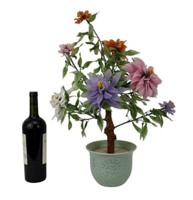 Jade Tree in Celadon Cachepot, Large Flower Blooms & Petals, 23"H x 16"w (some missing petals)