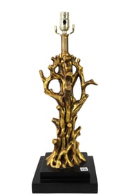 Composition Gilded Tree Trunk Form Lamp on Black Base, 24"h to socket x 9"w x 9"d