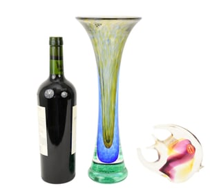 2 Art Glass Murano Pcs., Fish (5"h x 6"w) And Sommerso Blue Green Vase, Signed Young Constantin (13