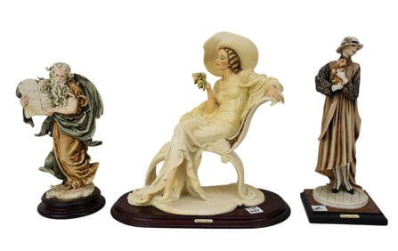 3 Giuseppe Armani Figurines, Moses (repair), Seated Lady (15"h x 14"w) and Lady With Dog (14"h)