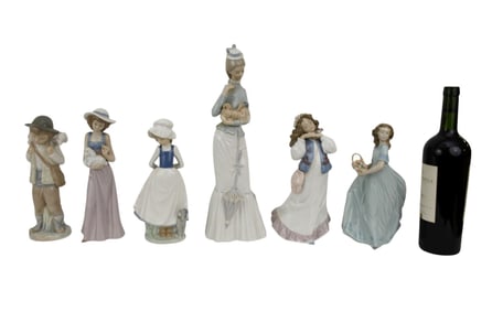 6 Porcelain Figurines, 2 Lladro Girls with Dogs, Lladro Lady with Dog, 2 Nao Girls and Boy with