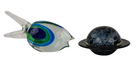 2 Art Glass Pcs, Fish (5 1/2"h x 10"w) AND Correia Rings of Saturn's Paperweight (3"h x 7"w)