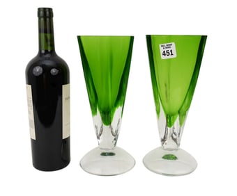 Pair Triangular Green & Clear Glass Vases, 10"H x 4 1/2"dia