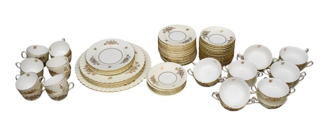 Minton Porcelain Incomplete Set, Gold Accents on Ivory Ground, incl; 4 Dinner Plates (10 1/2"dia), 4