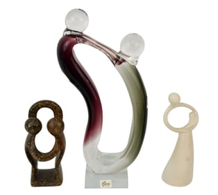 3 Modern Figural Sculptures, Art Glass (12 1/2"h x 7"w), Stone Signed Maroni And Composition