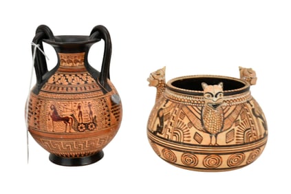 2 Pcs. Grecian Replica Pottery, 6 1/2"h x 5"w & 4"h x 6"w