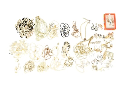 Costume jewelry Lot. Pearls, Mother of Pearl necklaces, earrings etc. Some signed