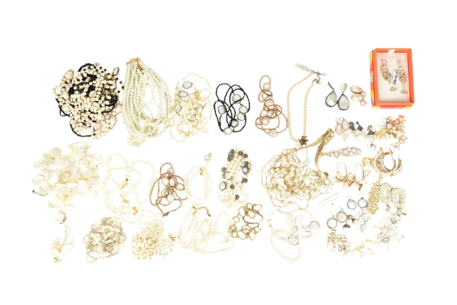 Costume jewelry Lot. Pearls, Mother of Pearl necklaces, earrings etc. Some signed: Costume jewelry Lot. Pearls, Mother of Pearl necklaces, earrings etc. Some signed