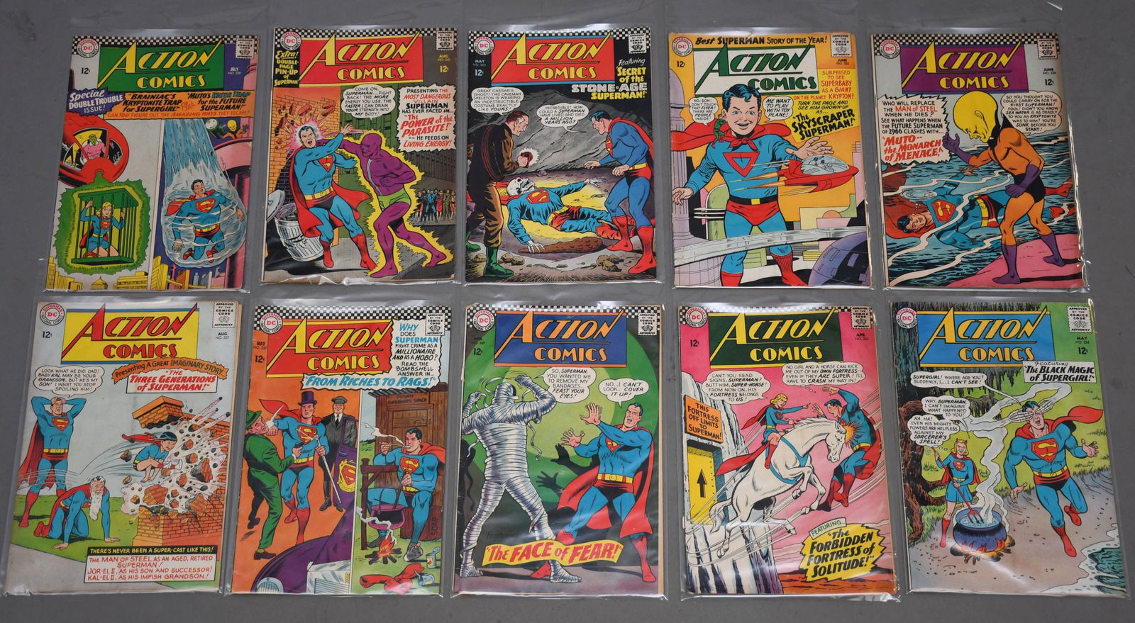 12 Cent Action Comics Superman. April #336 and 349, May #334, 337 and 350, June #325 and 338, July (1 of 11)