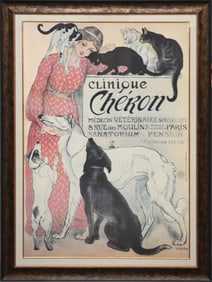 Framed Decorative French Poster-Clinique Cheron, Lady with animals. Sight size 33 x 47inches.