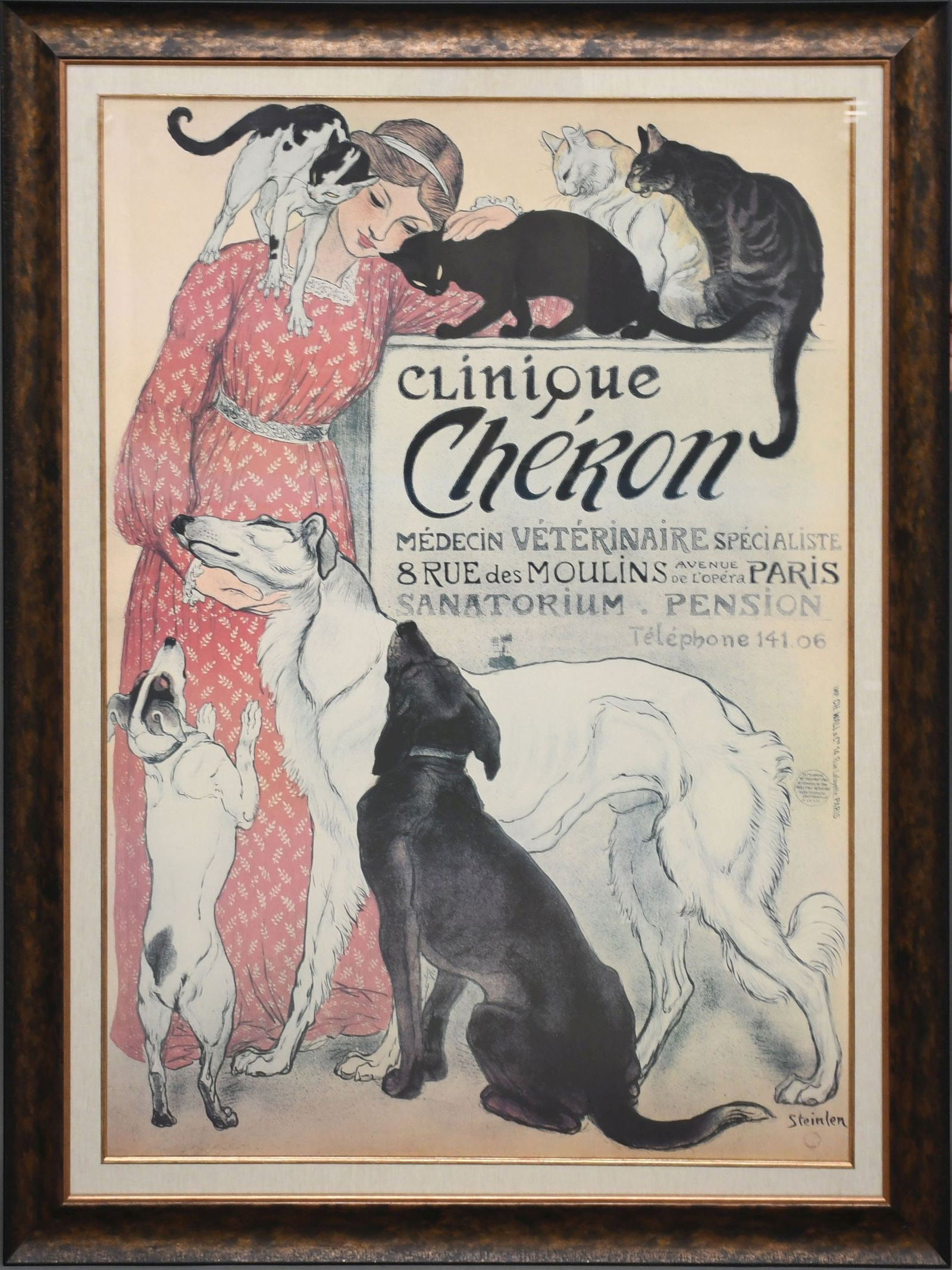 Framed Decorative French Poster-Clinique Cheron, Lady with animals. Sight size 33 x 47inches. (1 of 5)