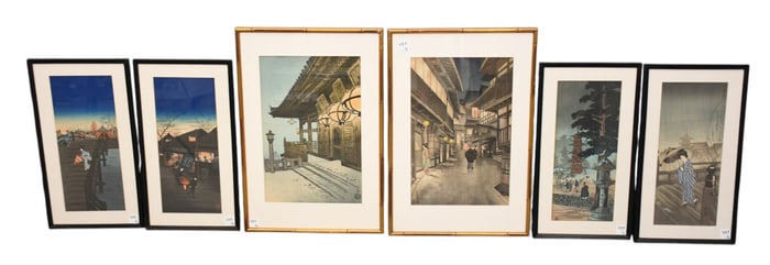 Six Japanese Wood Block Prints, Shin-Hanga School, C. 20th Century - Six Japanese framed prints,