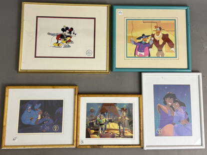 5 Disney Piece: Walt Disney Animation cell Painting Darkwing Duck-1990's.: 5 Disney Piece: Walt Disney Animation cell Painting Darkwing Duck-1990's. Disney Serigraph Mickey and Minnie skating. 2 Aladin consisting of 1 Disney store lithographs 1993 and Walt Disney Studios Lit