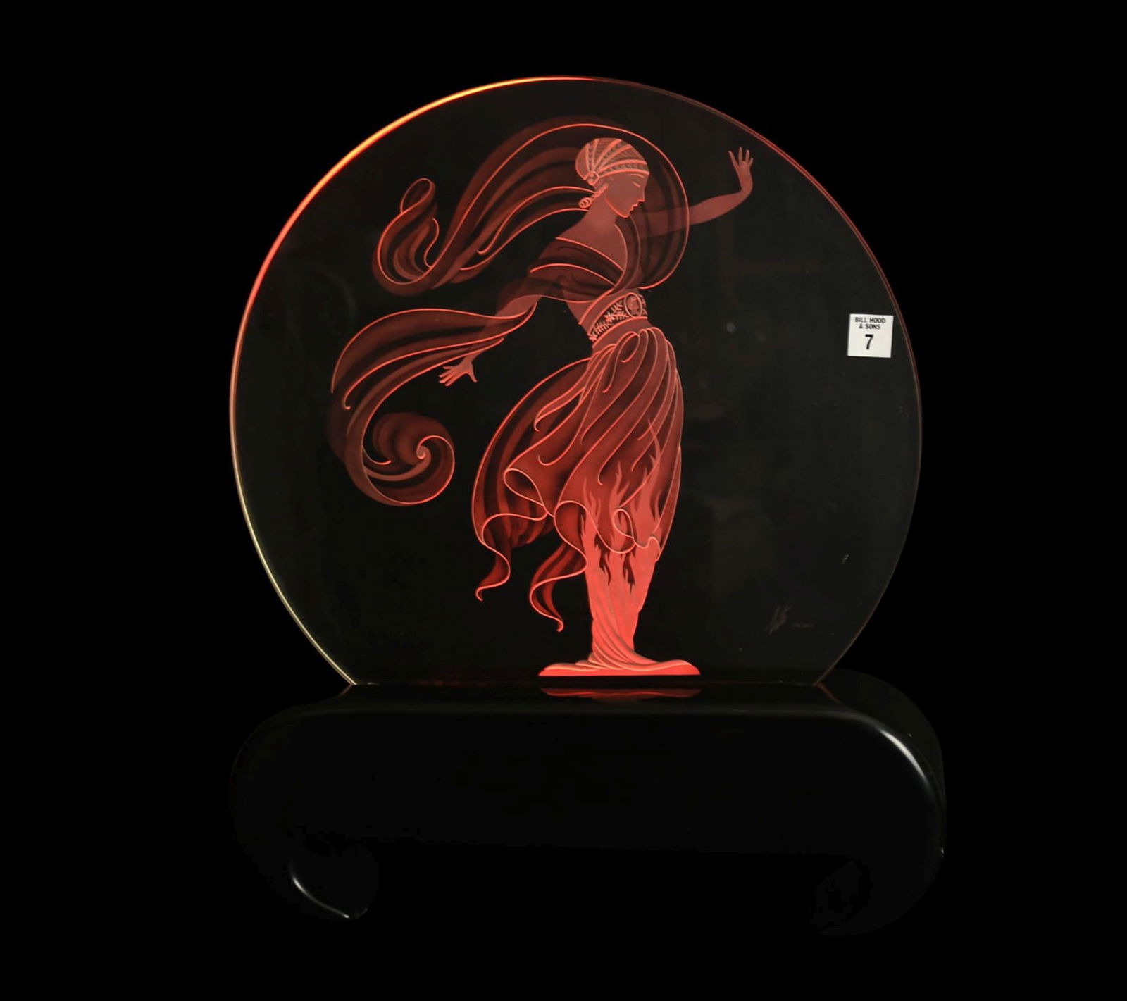 ERTE' Deco etched glass FLAMES OF LOVE-1985. carved female figures in illuminated glass, lamp in: ERTE' Deco etched glass FLAMES OF LOVE-1985. carved female figures in illuminated glass, lamp in lacquered base. Glass panel 17-1/2 diameter by 1/2 inch thick. Edition 130/250. comes w/ COA.